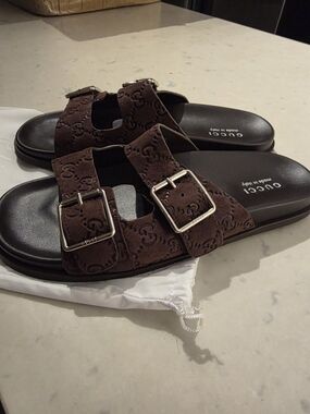 Gucci Men’s  Brown Suede Double-Buckle Slides